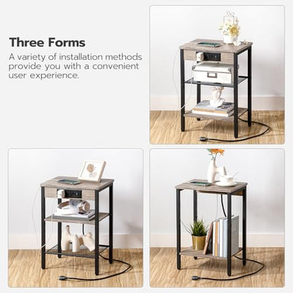HOOBRO Side Tables Set of 2 with Charging Station and USB Port, Small End Tables for Small Space, 3-Tier Nightstands with Adjustable Shelf, for Living Room, Bedroom, Greige and Black BG112BZP201 - color: Greige + Black