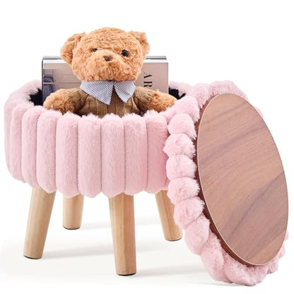 Wimarsbon Storage Ottoman, Modern Round Footrest with Soft Padded Seat, Teddy Velvet Footstool with Wood Legs, Accent Small Table or Plant Stand for Hallway, Living Room (Light Pink) - color: Light Pink