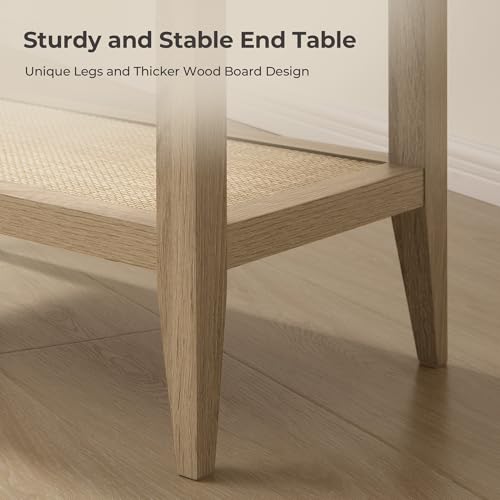 SICOTAS Rattan Nightstand Bedside Table - Farmhouse Boho Narrow Accent End Table with 2 Open Rattan Shelves for Bedroom, Living Room, Small Spaces - Light Oak - color: Reclaimed Light Oak, size: 1 Piece