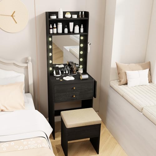 CHARMAID Small Vanity Desk with Mirror and Lights, Makeup Vanity Table with Charging Station, Drawers, Shelves, Foldable Side Table, Compact Black Dressing Table with Storage Chair for Small Space - color: Black, size: 20"W