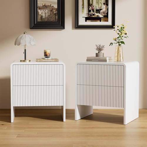 Furniway Set of 2 Modern Curved Nightstand with 2 Drawers, Push-to-Open Wooden Bedside Table, Minimalist End Table for Bedroom, White - color: White, size: 15.7"D x 19.7"W x 21.8"H (2 Pieces)