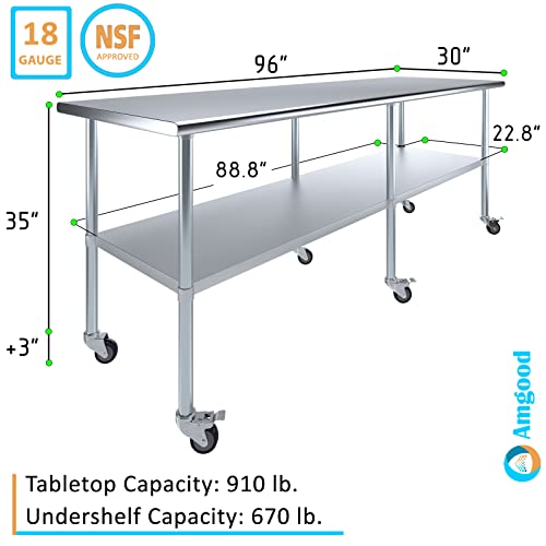 AmGood 96" Long x 30" Deep Stainless Steel Table with Casters - size: 96" Long x 30" Deep