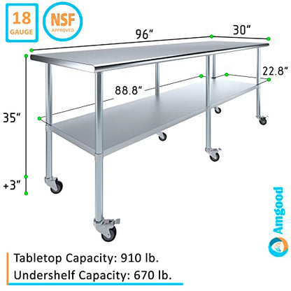 AmGood 96" Long x 30" Deep Stainless Steel Table with Casters - size: 96" Long x 30" Deep