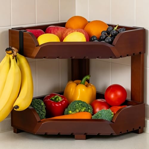 Wissy&Konny 2 Tier Corner Fruit Basket for Kitchen Counter, Acacia Wood Fruit Stand with Banana Hook, Space Saving Storage Rack for Fruits Vegetables Snacks