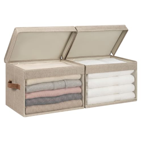StorageWorks Fabric Storage Bins with Lids, Large Closet Storage Bins | Flip-Top Lid, Clear Window, Handles, Collapsible, for Clothes Blankets Books, Closet Box, Brown and Beige, 2-Pack - color: Brown and Beige(window), size: Large