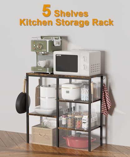4-Tier Kitchen Microwave Oven Stand, Adjustable Coffee Bar Station for Small Appliance, Baker's Rack with 4 Hooks & 7 Storage Shelves for Kitchen, Living Room, Black - color: Black