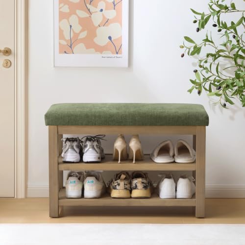 Zihanhome 2 Tier Shoe Rack Bench with Cushion, Solid Wood Shoe Benches, Mid-Century Modern Shoe Storage Bench for Entryway, Hallway, Living Room, Closet, Front Door Entrance, (Green, 31.5") - color: Green Fabric, size: 31.5"