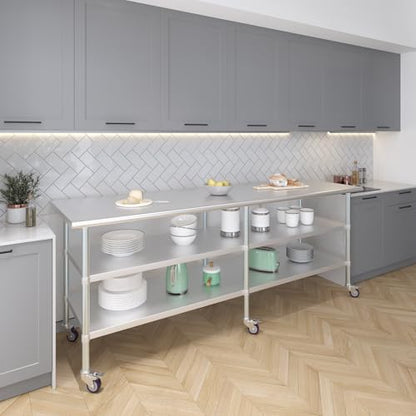 AmGood Stainless Steel Work Table with 2 Shelves and Casters | Metal Utility Table On Wheels (Stainless Steel, 96" Long x 30" Deep) - size: 96" Long x 30" Deep