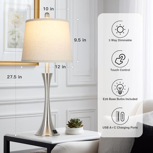 Rinweey 27.5" Silver Table Lamps, Touch Bedside Lamps with USB C+A Ports, 3 Way Dimmable Nightstand Lamps for Bedroom, Living Room, Office, Silver Lamp with Beige Lampshade, Bulbs Included (1 Pack) - color: Silver (1 Pack)