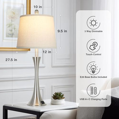 Rinweey 27.5" Silver Table Lamps Set of 2, Touch Bedside Lamps with USB C+A Ports, 3 Way Dimmable Nightstand Lamps for Bedroom, Living Room, Office, Silver Lamp with Beige Lampshade, Bulbs Included - color: Silver (2 Pack)