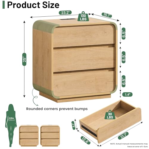 Standifurno 3 Drawers Nightstand with Charging Station, Modern Wood 25" Tall Curved Night Stand, Large End Table Bedside Table for Bedroom, Office, Sofa, Natural - color: Natural, size: 3 Drawers (1PC)
