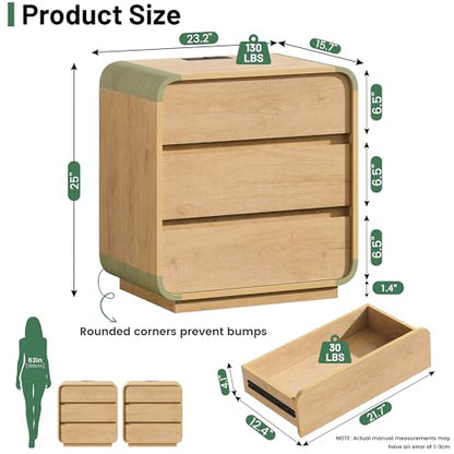 Standifurno 3 Drawers Nightstand with Charging Station, Modern Wood 25" Tall Curved Night Stand, Large End Table Bedside Table for Bedroom, Office, Sofa, Natural - color: Natural, size: 3 Drawers (1PC)