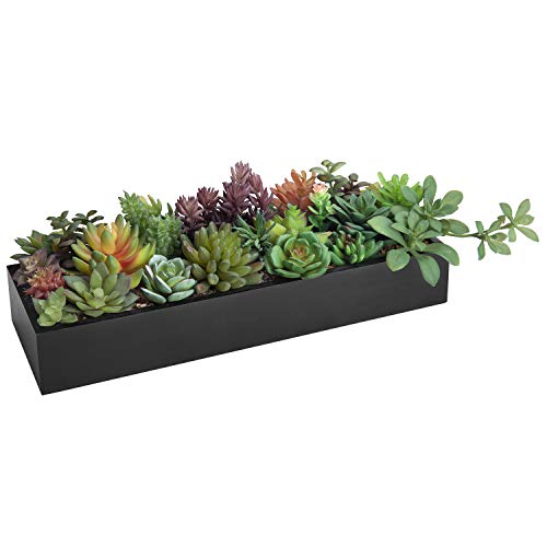 MyGift Artificial Succulent Centerpiece,15.75 Inch Faux Succulents Arrangement Plants in Sleek Black Wooden Rectangular Planter Box - color: Sleek Black Wood