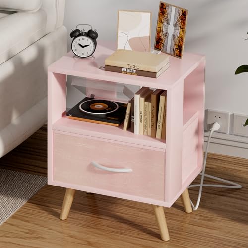 Aenuert Night Stand with Charging Station, Pink Kids Nightstand with Drawer, 2-Tier Nursery Bedside Table with USB Ports and Outlets, End Table for Small Space, Living Room, Bedroom - color: Pink, size: 2-Tier with Charging Station