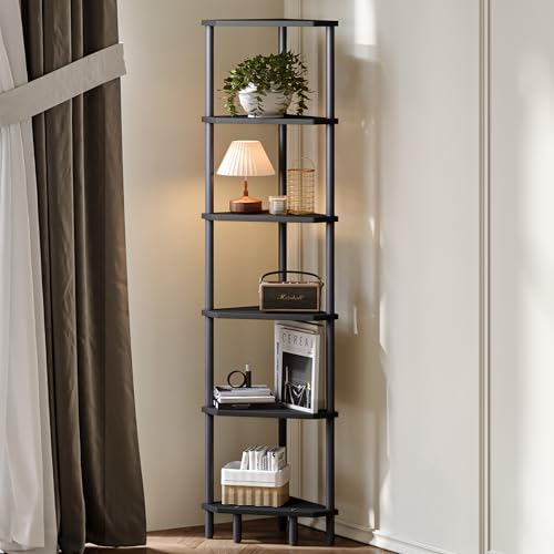 6 Tier Corner Shelf, Narrow Display Shelf Stand, Corner Bookshelf | 66.5'' Tall Standing Shelf, Modern Corner Bookcase for Living Room, Bedroom Black LCS502B - color: Black