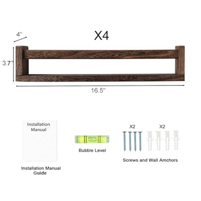 Nursery Room Shelves Set of 4, Wood Floating Book Shelves for Kids Room, Baby Book Shelf for Nursery, Kitchen Spice Rack (Carbonized Brown) - color: Carbonized Brown
