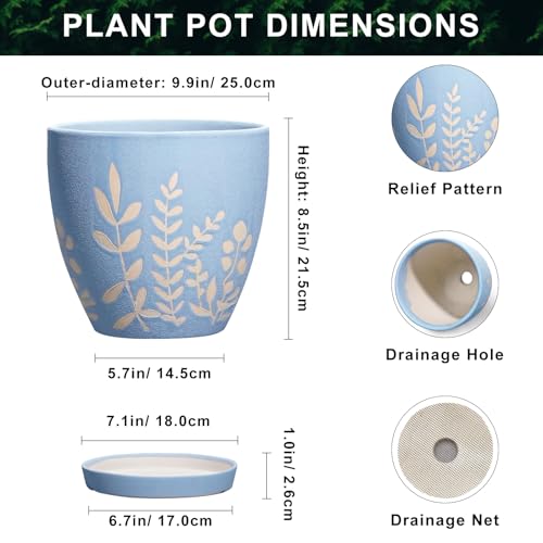 10 Inch Large Ceramic Plant Pot with Saucer - Round Planter with Drainage for Indoor Outdoor Plants, Boho Flower Pot, Home Office Room Garden Decor, Housewarming Gift, Blue - size: 10 Inch