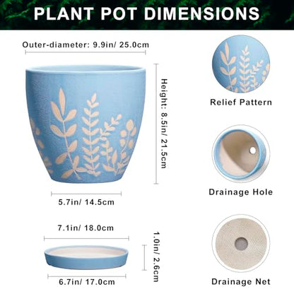 10 Inch Large Ceramic Plant Pot with Saucer - Round Planter with Drainage for Indoor Outdoor Plants, Boho Flower Pot, Home Office Room Garden Decor, Housewarming Gift, Blue - size: 10 Inch