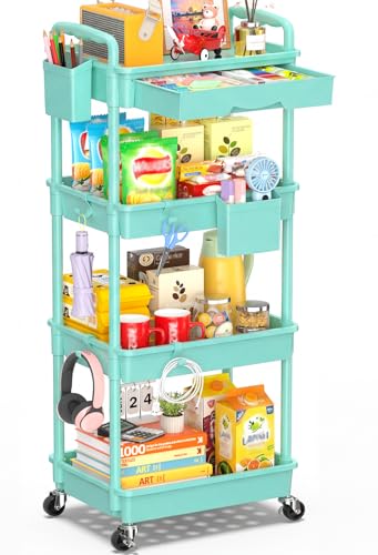 SUNALLY 4 Tier Rolling Utility Cart with Drawer, Storage Organizer Cart with 2 Lockable Wheels, Multifunctional Rolling Storage Cart for Bathroom, Kitchen, Craft, Makeup, Baby Essentials, Blue - color: Blue, size: 4 Tier