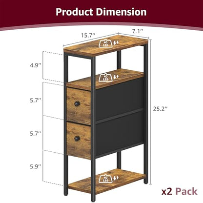 KLUVIS Narrow Nightstands Set 2 - Skinny Side Table Slim Night Stand for Small Space Bedroom Thin Bedsides Tables with 2 Drawers, Farmhouse Brown