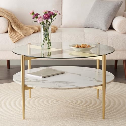 LumFurn Round Coffee Table for Living Room, Mid-Century Modern Design, D30 x H17, 2-Tier Structure, Clear Glass Top and White Marble Finish Wood Shelf, Sleek Conical Metal Legs with Gold Finish Frame - color: Clear & White Marble, size: D30" Round Coffee