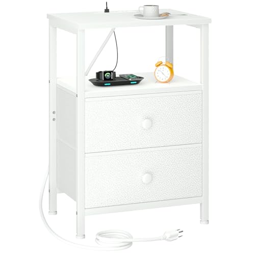LOAKEKEL Night Stand, Nightstand with Charging Station, Slim Industrial Bedside Table with 2 Fabric Drawers, Small End Table with USB & Type-C Ports for Bedroom, White, HETS020WT-1 - color: White, style: Two-drawer