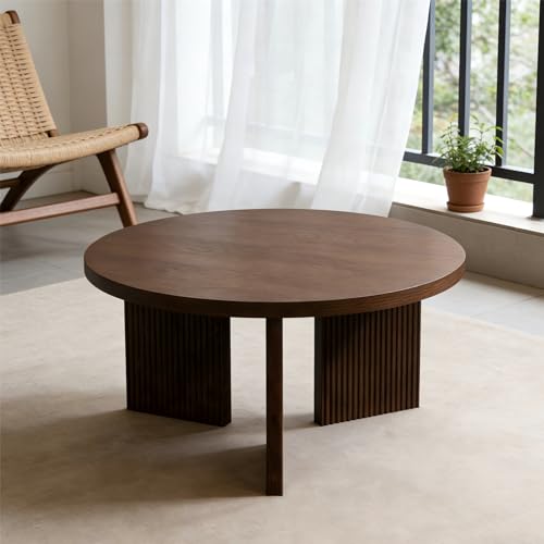 35" Wooden Round Coffee Table, Brown | Smooth Thick Coffee Table, Low Circle Center Table with X Shaped Stable Legs, Accent Tea Table for Living Room, Office - color: Brown, style: Coffee Table