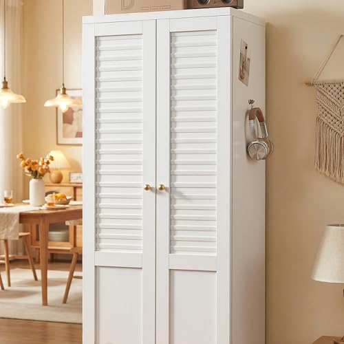 61" Metal Pantry Cabinet, Freestanding Kitchen Storage Cabinet with Louvered Door - color: Pearl White, size: Compact Pantry