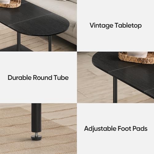 Black Coffee Tables for Living Room,Mid Century Oval Small Center Table with Storage Shelf and Wood Tabletop,2-Tier Farmhouse Low Cocktail Tea Table for Small Space,Apartment - color: Black