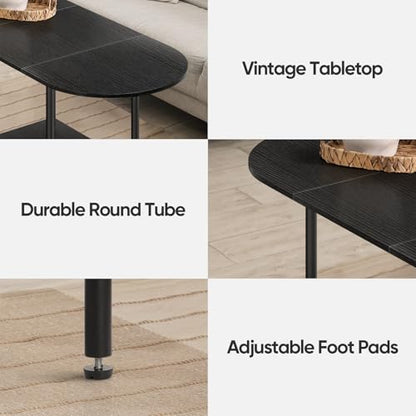 Black Coffee Tables for Living Room,Mid Century Oval Small Center Table with Storage Shelf and Wood Tabletop,2-Tier Farmhouse Low Cocktail Tea Table for Small Space,Apartment - color: Black