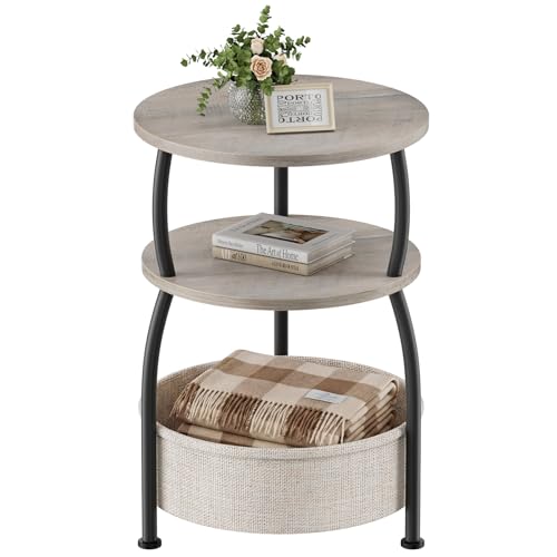 Round Side Table with Storage Basket, End Table Living Room, Greige | Round End Table, Small Bedside Table for Bedroom, 3 Tiers, Sofa Couch Side Table, Linen Storage, Greige 15.75in - color: Greige, size: 15.75" Dia