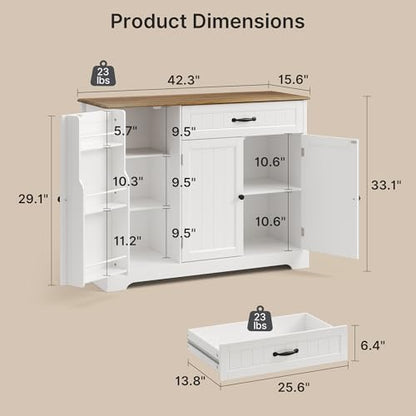 Ahomly Buffet Cabinet, Coffee Bar, Sideboard Cabinet with Internal Storage Shelf for Dining Room, Kitchen, Living Room, Kitchen and Laundry Room,White and Rustic - color: White and Rustic