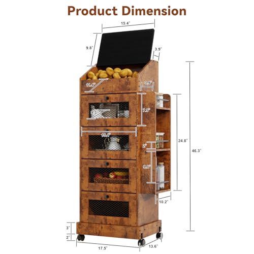 ARTETHYS Potato Storage Bin 5-Tier Rolling Bread Box Cabinet with Side Rack | Onion Keeper with Spice Rack on Wheels, Movable Fruit & Vegetable Container with 4 Ventilated Drawers for Kitchen, Rustic - color: Rustic