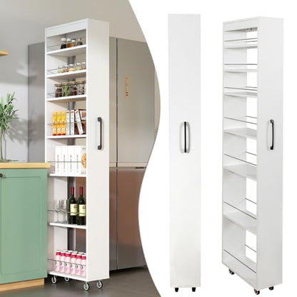 7-Shelf Tall Narrow Storage Cabinet with Wheels, 71 Inch, White | Slim Pull-Out Organizer, 7.87 Inch Wide for Small Spaces Between Washer/Dryer, Kitchen, Bathroom and Laundry Room - color: E-white