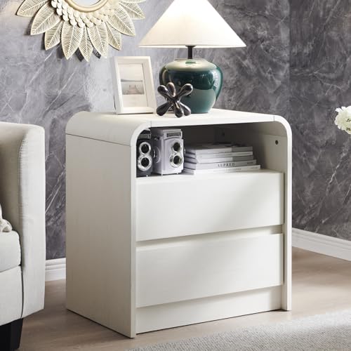 Aitjunz 25" Tall Modern Nightstand with Charging Station, 23.6'' Wide Wood Bedside Table w/2 Storage Drawers, Large Mid Century End Table for Bedroom, Living Room, Curved Profile Design, White - color: White, size: 1 Piece
