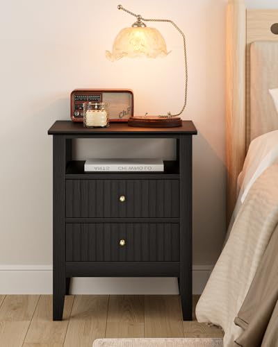 Fluted Nightstand, Farmhouse Night Stand with 2 Drawers, Mid Century Modern Side Accent Table,Bedside End Table for Bedroom, Living Room, Black - color: Black, size: 2 Drawers