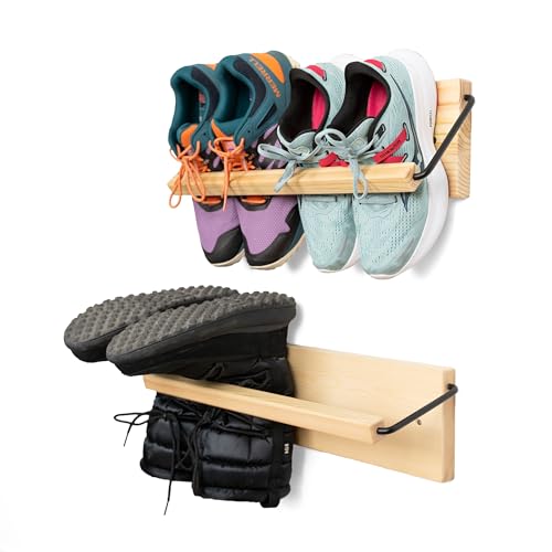 Wall Mounted Shoe Rack - A Wooden, Modern, Slim, and Small Shoe Storage Solution for Shoes and Boots in Narrow Spaces, entryways, or hallways. (20-in-Wide, Pack of 2) - size: 20-in-wide (Pack of 2)