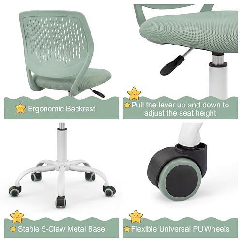 Costzon Kids Desk Chair, Armless Height Adjustable Kids Computer Chair w/Elastic Sponge Filling, Ergonomic Backrest & Stable 5-Point Wheels, Children Rolling Swivel Chair for Studyroom (Sage) - color: Sage