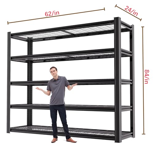 62" W x 24" D x 84" H Garage Shelving Heavy Duty Metal Shelving 5000LBS Storage Shelves Adjustable Metal Shelves for Storage Industrial Garage Shelves for Warehouse Basement (5T 84*62*24) - size: 5T 62" W x 24" D x 84" H