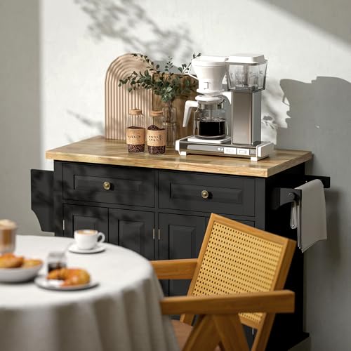 HOMCOM Kitchen Island Cart with Solid Wood Top, 44" Mobile Kitchen Island Table on Wheels with Storage Cabinets, 2 Drawers, Adjustable Shelves, Spice Rack & Towel Bar for Dining Room, Black - color: Black