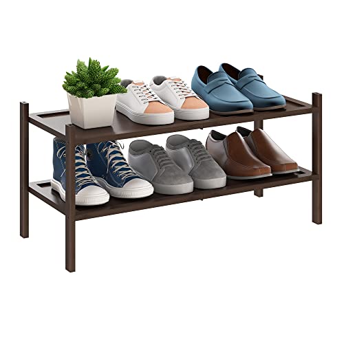 BMOSU 2-Tier Bamboo Shoe Rack Premium Stackable Shoe Shelf Storage Organizer for Hallway Closet Living Room Entryway Organizer(Brown) - color: Brown, size: 2-Tier（27*11*12.6inches）