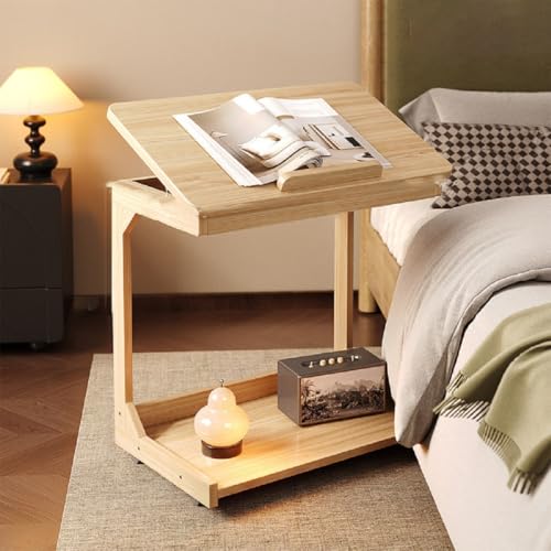 Modern C-Shaped End Table, 2 Tier Sofa Side Table with Wheels and Adjustable Desktop Small TV Tray Tables for Living Room Bedroom Apartment (Wood, 60cm) - color: Wood, size: 60cm