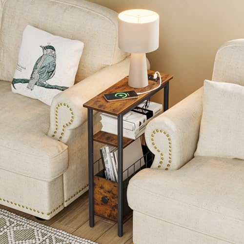 Snughome Narrow Side Table with Charging Station, Slim End Table for Small Spaces, 3 Tier Skinny Nightstand with Drawer, Sofa Beside Table with Storage Shelf for Living Room Bedroom - color: Rustic Brown