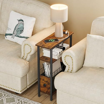 Snughome Narrow Side Table with Charging Station, Slim End Table for Small Spaces, 3 Tier Skinny Nightstand with Drawer, Sofa Beside Table with Storage Shelf for Living Room Bedroom - color: Rustic Brown