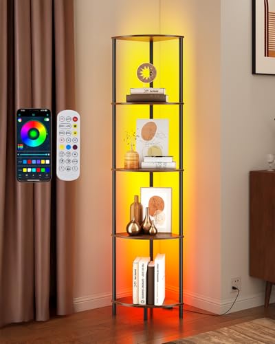SUNMORY 5 Tier Corner Shelf with LED Light, Industrial 65" Corner Shelves Display Shelf for Living Room Decor, Wall Corner Bookshelf Multi Unit Organizer, Tall Shelf Plant Stand for Bedroom, Bathroom - color: Rustic Brown With Light