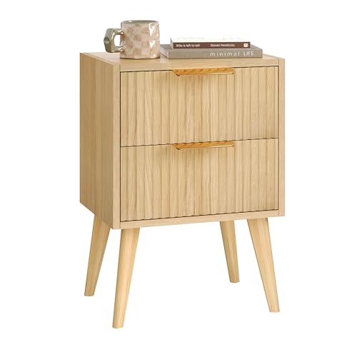 YAUKOMEL Fluted Nightstand,Small Bedside Table,Natural Wood Night Stand,Light Wood Side Table with Solid Wood Legs,End Table for Bedroom,Small Space 11.8" D x 15.7" W x 22.8" H Natural CTG55Y - color: Natural, style: Fluted Style