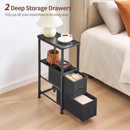 DALEMHOME End Table, Narrow Side Table with 2 Fabric Drawers, Slim Nightstand, Small Bedside Table with Storage, Living Room, Bedroom, Black HKET1200BK - color: Black, size: 7.9" W x 15.7" D, style: No Power