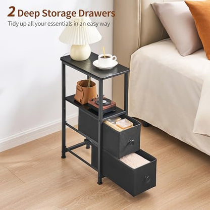 DALEMHOME End Table, Narrow Side Table with 2 Fabric Drawers, Slim Nightstand, Small Bedside Table with Storage, Living Room, Bedroom, Black HKET1200BK - color: Black, size: 7.9" W x 15.7" D, style: No Power
