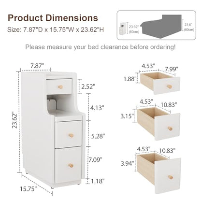 Solid Wood Narrow Nightstand with 3 Drawers,Modern White,Fully Assembled | Narrow night stand,gold handles,open Shelf,skinny bedside table,slim nightstand for bedroom storage,space-saving storage - color: White（15.75"d X 7.87"w X 23.62"h）