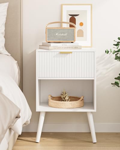 Aienvey Nightstand, Small Bedside Table with Storage Drawers, White Stripe | Modern Night Stand with Drawer and Wood Leg, Small Side Table with Open Shelf, End Table for Bedroom,Living Room,Small Spaces - color: White Stripe